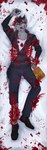 absurd_res alcohol anthro beverage black_body black_fur blood blood_on_arm blood_on_chest blood_on_clothing blood_on_face blood_on_hand blood_on_leg blood_on_shirt blood_on_shoe blood_splatter blood_stain blue_eyes bodily_fluids bullet_wound canid canine chest_tuft clothing dakimakura dakimakura_design dark_matter_(li'l_melon) drunk excessive_blood exposed_bone exposed_ribcage fur gore grey_body grey_fur hi_res liquor liquor_bottle looking_at_viewer lying male mammal nosebleed on_back solo stab_wound strays_in_paradise substance_intoxication torn_clothing toynako tuft unknown_species wounded