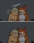 1940s 4:5 absurd_res annabelle_o'malley anthro bodily_fluids bovid breasts canid canine caprine comforting comic crying dark_lighting duo female fox hi_res male mammal myaxy nipples nude pecs sheep smile snout surprise tears tears_of_joy terrence_grant text tomboy