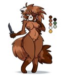 3_toes 4_fingers absurd_res ailurid amber_eyes anthro big_breasts black_nose breasts brown_body brown_fur brown_nipples elk_ridge_(cutlery) erect_nipples eyewear fckinmaggot feet female fingers fluffy fluffy_tail fur genitals glasses hair hi_res holding_object keiko_(vex714) knife long_hair mammal model_sheet navel nipples nude one_eye_closed pussy red_panda round_glasses shadow simple_background smile solo standing tail toes white_background white_body white_fur wide_hips