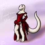 1:1 2022 4_toes 5_fingers absurd_res accessory albino anthro arm_tattoo armwear big_dildo big_tail blush body_blush cel_shading clothed clothing clothing_aside clothing_lift crusch_lulu cute_fangs dated digital_drawing_(artwork) digital_media_(artwork) digitigrade dildo dress dress_aside dress_lift elbow_gloves english_text evening_gloves evening_gown eyelashes fancy_clothing feet female fingers flat_chested formal formal_dress formal_wear front_view garter genitals gloves hand_on_hip handwear hi_res humanoid_hands innie_pussy kinktober krita_(artwork) leg_tattoo lizard lizardman lizardman_(overlord) long_tail looking_at_viewer neck_tattoo no_underwear orange_tattoo overlord_(series) partially_clothed pupils purple_background pussy pussy_blush red_armwear red_clothing red_dildo red_dress red_elbow_gloves red_eyes red_gloves red_handwear reptile ruffled_dress scales scalie sex_toy shaded shadow signature simple_background slit_dress slit_pupils smile smiling_at_viewer snout solo spe strapless_clothing strapless_dress strapon tail tail_tattoo tapering_dildo tapering_tail tattoo text thick_tail thick_thighs thigh_tattoo toes tribal tribal_tattoo white_body white_garter white_pussy white_scales wide_hips