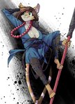 anthro beads black_myth:_wukong breasts cleavage clothed clothing cloudiel cosplay domestic_cat felid feline felis female helia_peppercats hi_res journey_to_the_west mammal martial_arts_uniform prayer_beads robe shinguards solo sportswear staff sun_wukong tail