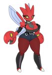 anthro armwear arthropod big_breasts bottomwear breasts claws clothed clothing collar female generation_2_pokemon hi_res legwear nintendo pokeball pokemon pokemon_(species) red_body scizor shirt shorts simple_background solo spikes stockings topwear urusee584 white_background wings yellow_eyes