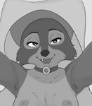 2024 anthro bodily_fluids breasts canid canine disney female first_person_view fox greyscale haaru headdress heart_eyes heart_symbol jewelry looking_at_viewer maid_marian mammal monochrome necklace nipples red_fox robin_hood_(disney) saliva saliva_string solo true_fox