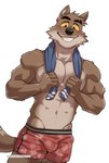 2022 abs anthro athletic athletic_anthro athletic_male black_clothing black_eyebrows black_eyes black_nose blue_towel brown_body brown_fur brown_tail bulge canid canine canis clothed clothing dreamworks eyebrows fur hi_res holding_object holding_towel kumak71395 male male_anthro mammal mr._wolf_(the_bad_guys) multicolored_clothing multicolored_towel muscular muscular_male navel pecs red_clothing simple_background solo tail teeth text the_bad_guys topless towel towel_around_neck two_tone_towel url white_background white_towel wolf yellow_sclera