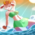 absurd_res animal_crossing anthro bandeau_bikini bikini bikini_skirt blush bottomwear bovid brown_hair caprine chevre_(animal_crossing) clothing dutch_angle englam eyes_closed female freckled_face freckles fur goat green_bikini green_clothing green_swimwear hair hand_behind_head hi_res horn legs_in_water mammal nintendo partially_submerged sea skirt smile solo submerged_legs swimwear two-piece_swimsuit water white_body white_fur