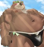 2024 anthro bear belly big_belly black_nose blush brown_body brown_fur bulge clothing cloud fur goro_(live_a_hero) hi_res kemono lifewonders live_a_hero male mammal outside overweight overweight_male solo swimwear yom_mido_plus