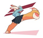 3_toes action_pose anthro bailey_(dabbledraws) bottomwear clothing colored dabbledraws ear_piercing eyelashes feet female flexible jacket kick knee_highs lagomorph legwear leporid mammal miniskirt piercing pose rabbit side_kick simple_background skirt solo speed_lines toes topwear