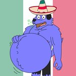 anthro belly big_belly blue_body blue_fur brown_eyes burping canid canine canis clothing fashion fur hat headgear headwear male mammal mexican mexican_flag mexico muscular muscular_anthro muscular_male mythological_canine mythological_creature mythology navel solo sombrero supermariofanboy supermariofann1 were werecanid werecanine werewolf wolf