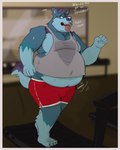 absurd_res anthro athletic_wear belly belly_overhang big_belly bodily_fluids bottomwear breath canid canine canis clothed clothing dialogue english_text exercise fit_to_fat fur grey_clothing grey_shirt grey_tank_top grey_topwear gym gym_bottomwear gym_shorts hi_res male mammal navel obese obese_anthro obese_male open_mouth overweight overweight_anthro overweight_male panting shirt shorts solo sweat sweatdrop tail tank_top tcw text tongue tongue_out topwear treadmill weight_gain wolf workout yukon