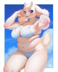 2024 anthro aruurara big_breasts boss_monster_(undertale) bovid bra breasts caprine clothing cloud collarbone eyebrows eyelashes female floppy_ears fur goat hi_res horn kemono looking_at_viewer mammal navel panties slightly_chubby solo thick_thighs toriel undertale_(series) underwear white_body white_bra white_clothing white_fur white_panties white_underwear wide_hips