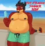 absurd_res anthro beach belly bodily_fluids closed_smile clothing dragon english_text food hair hi_res horn javi_(lettucelechuga) lettucelechuga male moobs mouth_closed multicolored_body mythological_creature mythological_scalie mythology nipples overweight overweight_anthro overweight_male popsicle red_body red_scales scales scalie simple_background slightly_chubby slightly_chubby_male smile solo sweat swimming_trunks swimwear tail text two_tone_body