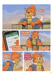 absurd_res anthro bottomwear buizel cantonese chest_tuft chinese_text clothed clothing comic comic_panel desmond_(gralicbutter) dialogue electronics english_text fence generation_4_pokemon gralicbutter hi_res jumping male message navel nintendo pants phone pokemon pokemon_(species) solo sunset text translated tuft