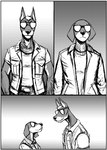 2023 anthro border canid canine canis clothed clothing comic daniel_porter darius_grey dobermann domestic_dog duo eye_contact eyewear father_(lore) father_and_child_(lore) father_and_son_(lore) greyscale hi_res hladilnik looking_at_another looking_down_at_another looking_up_at_another male mammal monochrome parent_(lore) parent_and_child_(lore) parent_and_son_(lore) pinscher size_difference sleeveless_shirt son_(lore) sunglasses white_border