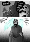 ambiguous_gender animated_skeleton avian beak bird bone cloak clothing comic death_(personification) dialogue english_text feral ghost jenny_jinya loving_reaper male owl skeleton spirit text undead