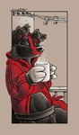 anthro beverage black_and_white black_body black_fur candy chocolate clothing coffee coffee_cup coffee_mug container cozy cup dessert digital_drawing_(artwork) digital_media_(artwork) eyes_closed fence food fur hi_res hoodie hot_beverage hot_chocolate hot_drink markings monochrome red_body red_clothing red_fur red_hoodie red_markings red_topwear shaded simple_background simple_color simple_coloring simple_colors simple_shading sketch smile softailfox spot_color steam topwear