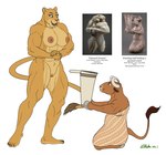 2023 5_fingers abs anthro areola big_breasts bovid bovine breasts brown_body brown_fur cattle claws clothed clothed/nude clothed_male clothing duo english_text felid female finger_claws fingers fur genitals guennol_lioness hi_res lion male male/female mammal muscular muscular_anthro muscular_female navel neck_muscles nipples nude ohs688 open_mouth open_smile pantherine pecs pecs_with_breasts pussy reference_image robe signature smile standing tan_body tan_fur text toe_claws