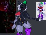 2023 animatronic anthro areola big_breasts black_body black_sclera blue_eyes breasts canid canine canis cheek_tuft clothing collar colored_nails digital_media_(artwork) exposed_endoskeleton facial_tuft female fingers five_nights_at_freddy's five_nights_at_freddy's:_security_breach five_nights_at_freddy's:_security_breach_ruin genitals green_highlights green_nails grey_areola grey_background grey_body grey_nipples hair hi_res highlights_(coloring) huge_breasts legwear machine mammal nails nipples open_mouth pattern_clothing pattern_legwear purple_clothing purple_legwear pussy robot roxanne_wolf ruined_roxanne_wolf scottgames shoulder_pads simple_background solo steel_wool_studios striped_clothing striped_legwear stripes thick_thighs tuft white_hair wide_hips wolf zhenai