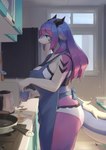 2021 anthro apron big_breasts blue_apron blue_clothing blue_eyes bra breasts clothed clothing curvy_figure digital_media_(artwork) dragon female female_anthro fried_egg hair hi_res horn huge_breasts inside kemono kitchen kitchen_utensils ladle lanya_(lcshian) lcshian long_hair multicolored_body multicolored_hair mythological_creature mythological_scalie mythology panties pink_body pink_hair purple_body purple_hair scalie shaded side_view slightly_chubby solo tail tail_mane tan_body thick_thighs tools translated_description underwear voluptuous