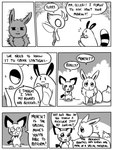 2019 3:4 6_panel_comic ambiguous_gender antennae_(anatomy) biped black_and_white black_eyes black_tail black_text bodily_fluids bow_ribbon celebi celebi_(yapc) clenched_teeth closed_smile cloud comic crossed_arms dialogue digital_media_(artwork) eevee ellipsis english_text exclamation_point eyebrows eyewear feral flavia-elric floating fluffy fluffy_tail fur generation_1_pokemon generation_2_pokemon glasses grass group legendary_pokemon looking_at_another lux_(yapc) monochrome mouth_closed neck_tuft neil_(yapc) nintendo open_mouth open_smile outside pichu plant pokemon pokemon_(species) pokemon_mystery_dungeon quadruped question_mark questioning_ellipsis sentret sky smile speech_bubble spike_chunsoft standing sweat sweatdrop tail talking_to_another teeth terry_(yapc) text tuft white_sclera wings