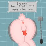 1:1 absurd_res anthro anus balls butt buttplug buttplug_attached_to_wall drpepperscalie english_text erection fur genitals glory_hole hi_res lagomorph leporid male mammal pink_body pink_fur plug_(sex_toy) plug_after_use plug_when_not_in_use public_use rabbit sex_toy sign solo text through_wall