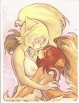 absurd_res anthro big_breasts blonde_hair breasts brown_hair cream_(miu) duo eyes_closed female female/female fur hair hi_res hug mammal nipples nude orange_body orange_fur peaches_(miu) rodent romantic romantic_couple savannah_horrocks sciurid tail traditional_media_(artwork) tree_squirrel