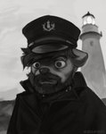 2023 anthro beard clothed clothing detailed_background facial_hair hat headgear headwear hi_res keith_(marsminer) lighthouse male mammal marsminer meme monochrome mustelid otter outside seaside signature solo the_lighthouse_(2019_film)