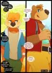 anthro backpack banjo-kazooie banjo_(banjo-kazooie) bear black_text_box black_thought_bubble blue_text bodily_fluids bottle brown_body brown_fur clothed clothing color_coded color_coded_text comic conjoined_thought_bubble conker conker's_bad_fur_day container crossover dialogue duo ellipsis english_text fur group hi_res holding_bottle holding_container holding_object hollo_nut inner_monologue male mammal name_drop name_in_inner_monologue page_number plant rareware red_clothing red_shirt red_text red_topwear rodent sciurid shirt speech_bubble sweat text text_box thinking thought_bubble topwear tree tree_squirrel underline white_text