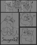 2023 achuchones_(unicorn_wars) anthro axismarcy bear blush bow_tie clothing comic dialogue exclamation_point eyes_closed eyewear glasses group hi_res hug humanoid_hands kissing male mammal monochrome padre_(unicorn_wars) sargento_caricias shirt spanish_text surprise text topwear translated unicorn_wars