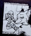 2022 absurd_res anthro canid canine card clothed clothing dipstick_ears disney duo ear_markings english_text fox fur hi_res holding_object inktober jack_savage lagomorph leporid looking_at_viewer looking_back looking_back_at_viewer mammal monochrome multicolored_ears nick_wilde playing_card rabbit red_fox text theblueberrycarrots traditional_media_(artwork) true_fox zootopia