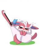 1:1 2013 ambiguous_gender blush bodily_fluids canid canine crying dlrowdog eeveelution feral fur generation_6_pokemon humor mammal multicolored_body multicolored_fur nintendo pink_body pink_fur pokemon pokemon_(species) pokemon_amie simple_background solo stretching stylus sylveon tears tongue what white_body white_fur