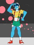 3:4 abstract_background anthro anthrofied bottomwear clothing crop_top footwear full-length_portrait fuze generation_3_pokemon gesture grin hat headgear headwear hi_res hotpants male midriff mudkip navel nintendo pokemon pokemon_(species) pokemorph portrait shirt shoes shorts smile socks solo suspenders t-shirt topwear waving