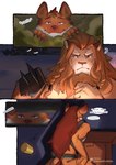 afk_arena afk_journey anthro brown_body brown_fur brutus_(afk_arena) clothed clothing comic dialogue duo english_text felid fur hair hi_res hyena kawaakumma lilith_games lion male male/male mammal odie_(afk_journey) pantherine simple_background tail text