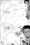 2024 anal anthro bear belly bepo_(one_piece) big_belly big_butt blush butt comic dialogue english_text hi_res human human_on_anthro interspecies male male/male mammal minkmen_(one_piece) monochrome moobs nekokat42 one_piece overweight overweight_male polar_bear sex tattoo text trafalgar_law ursine