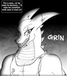 2016 anthro clothing comic dragon english_text grin hi_res horn if_hell_had_a_taste male monochrome muscular muscular_male mythological_creature mythological_scalie mythology reptile scales scalie scar shirt skylar_fidchell smile solo teeth text topwear ventral_scales viroveteruscy