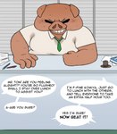 aggretsuko anthro blinds blush bodily_fluids boss clothed clothing colored container cup desk detailed_background dialogue digital_drawing_(artwork) digital_media_(artwork) director_ton domestic_pig dress_shirt english_text furniture hi_res kinktober male mammal moobs necktie notebook obscured_eyes office overweight overweight_anthro overweight_male paper pen pencil_(object) plate public sanrio shirt smile solo speech_bubble suid suina sus_(pig) sweat sweat_stain sweating_profusely table tan_body text topwear uniform zlut385