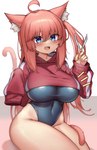 2021 2_tails 5_fingers animal_humanoid big_breasts blue_eyes blush breasts cat_humanoid clothing cute_fangs felid felid_humanoid feline feline_humanoid female fingers hi_res holding_object holding_scissors humanoid kaptivate mammal mammal_humanoid multi_tail nekomia one-piece_swimsuit open_mouth red_clothing scissors smile solo swimwear tail