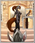 anthro biped brown_hair clothing comic digital_media_(artwork) door doorbell duo equid equine female hair hi_res horn kaeldu mammal mythological_creature mythological_equine mythology nipple_outline outside ponytail quillu quillu_(character) solo_focus unicorn zebra