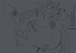 2023 anthro appliance arci belly belly_overhang big_belly black_line_art bodily_fluids body_hair burger caught chest_hair chubby_cheeks clothed clothing deep_navel digital_media_(artwork) emanata embarrassed eyebrows fat_arms felid food fridge fur fur_tuft grey_background greyscale happy_trail hi_res honeybeebonfire kitchen_appliance looking_at_viewer love_handles male mammal monochrome moobs navel obese obese_anthro obese_male open_mouth overweight overweight_anthro overweight_male pantherine raised_tail simple_background sketch snout solo standing stripes sweat sweatdrop tail thick_thighs tiger tight_underwear tuft wide_hips