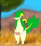 absurd_res anthro aroused blush bodily_fluids dripping erection generation_5_pokemon genital_fluids genitals grass green_body hi_res kamek_sans looking_at_viewer male navel nintendo outside penis plant pokemon pokemon_(species) precum precum_drip red_eyes slightly_chubby snivy solo tan_body thick_thighs tree vein veiny_penis