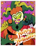 2024 4_arms candy clothed clothing demon dessert digital_drawing_(artwork) digital_media_(artwork) empty_eyes food fully_clothed green_clothing green_eyes green_teeth halloween helluva_boss hi_res holding_candy holding_food holding_object holidays humanoid lollipop long_tongue male mammon_(helluva_boss) multi_arm multi_limb purple_tongue solo striped_tongue teeth tokyo_teddy tongue tongue_out yellow_tongue