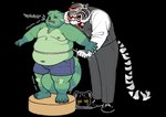 2023 alpha_channel anthro athletic athletic_male belly_squeeze clothing duo english_text felid fred_(fredrick_brennan) fur green_body green_fur hi_res humanoid maaudaan_tg male male/male mammal obese obese_male overweight overweight_male pantherine pedestal procyonid raccoon simple_background snow_leopard squeezed tailor tailoring tape_measure text tight_clothing transparent_background watermark