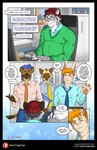 anthro blue_hair chair clothing comic domestic_cat english_text eyewear felid feline felis furniture glasses group hair hat headgear headwear hi_res hyena lagomorph leporid male mammal necktie office office_chair orange_hair pantherine rabbit snow snow_leopard speech_bubble text url whitetigercub