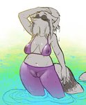 anthro areola bottomwear breasts clothing eyes_closed female fishnet_clothing fishnet_legwear fishnet_topwear fur genitals grey_areola grey_body grey_fur grey_tail hair hi_res ineffective_clothing kaboozey legs_in_water legwear mammal natural_breasts navel nipples partially_submerged procyonid purple_bottomwear purple_clothing pussy raccoon raised_arm rebecca_(kaboozey) solo submerged_legs tail topwear translucent translucent_clothing water wet wet_body wet_fur wet_hair