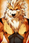 2011 abs abstract_background aluminemsiren anthro anthrofied arcanine biceps black_body black_fur black_markings black_nipples black_nose blue_eyes canid canine chest_tuft clothed clothing fangs front_view fur generation_1_pokemon grin hair looking_at_viewer male mammal mane markings muscular muscular_anthro muscular_male nintendo nipples orange_body orange_fur orange_theme pecs pokemon pokemon_(species) pokemorph pose simple_background smile solo stripes teeth topless tuft white_body white_fur white_hair