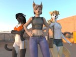 3d_(artwork) 4:3 anthro belly bottomwear canid canine canis clothing digital_media_(artwork) domestic_cat domestic_dog felid feline felis female group jess_(subject_9) lynx mammal narr8 shorts subject_9 thestuntshooter tina_(subject_9) trio