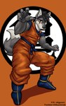 5:8 anthro black_hair canid canine canis claws clothing dragon_ball eye_scar facial_scar fur goku grey_body grey_fur hair hi_res male mammal martial_arts martial_arts_uniform orange_clothing rucho scar simple_background solo sportswear wolf yellow_eyes