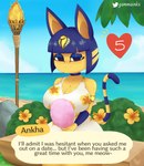 2021 absurd_res alternate_version_at_source animal_crossing ankha_(animal_crossing) anthro beach bench big_breasts blue_eyes blue_eyeshadow blue_hair blush breasts candy cleavage clothed clothing collar cotton_candy curvy_figure date date_pov dessert detailed_background dialogue digital_media_(artwork) domestic_cat dress english_text eyelashes eyeshadow felid feline felis female flower food fur gammainks hair happy header header_box heart_symbol hi_res holding_food holding_object huge_breasts looking_at_viewer makeup mammal nintendo number numbered_heart outside palm_tree plant romantic sea seaside short_hair signature sitting smile solo talking_to_viewer text text_box torch tree water white_clothing white_dress wide_hips yellow_body yellow_fur