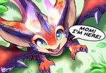 claws dragon feral fire grass green_eyes horn leaf league_of_legends male mythological_creature mythological_scalie mythology plant red_body riot_games scalie signature smile smolder_(lol) solo speech_bubble tencent wyverness