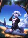 2020 absurd_res anthro beach blue_eyes bottomless breasts clothed clothing cloud cyana_(code-blocker) digital_media_(artwork) female fish grass grey_body grey_hair grey_scales hair hi_res hoodie kneeling marine net nipples non-mammal_breasts open_mouth outside pink_nipples plant red3engine sand scales sea seaside shaded shark sky solo topwear tree water wet