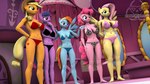 16:9 3d_(artwork) anthro anthrofied applejack_(mlp) big_breasts bikini biped breasts clothing cowboy_hat curled_hair digital_media_(artwork) equid equine female fluttershy_(mlp) friendship_is_magic group hair hasbro hat headgear headwear hi_res mammal my_little_pony mythological_creature mythological_equine mythology nipple_outline pegasus pinkie_pie_(mlp) poofy_hair rainbow_dash_(mlp) senthaurekmern standing swimwear twilight_sparkle_(mlp) two-piece_swimsuit wavy_hair widescreen wings